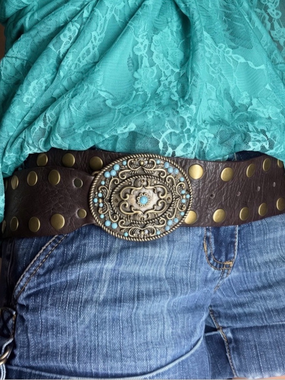Vintage Leatherock Brown Leather Western Belt brass suds turquoise buckle